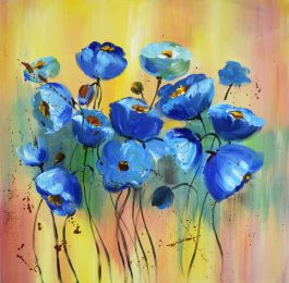 Verwarren Panorama injecteren Schilderij blauwe bloemen 80 x 80 Handgeschilderd - Artello